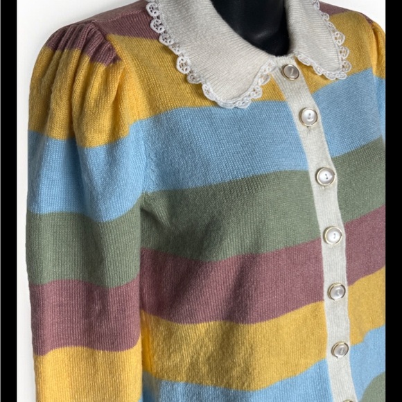 So It Is Striped Cardigan Pearl Buttons Lace Lined Collar Size S - Picture 3 of 11
